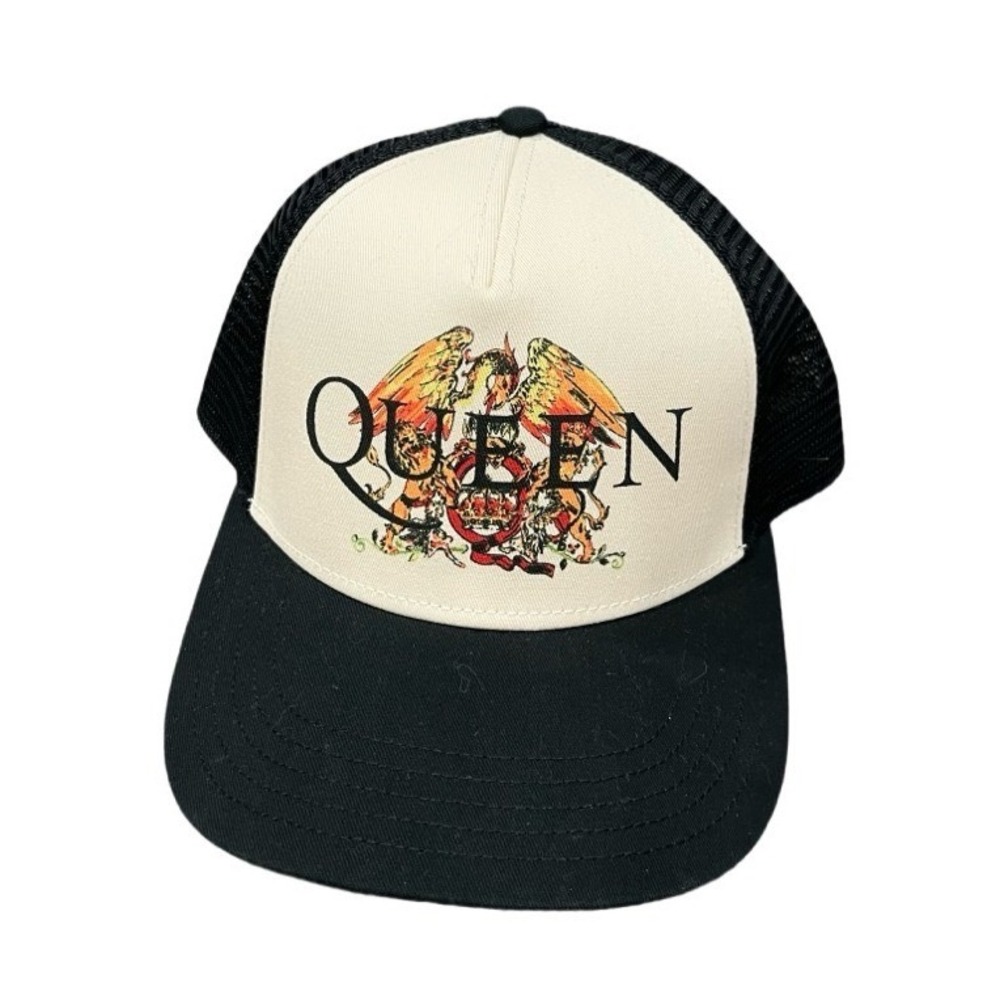 American Needle Queen Band Crest Sinclair Trucker Hat Black Cream Snapback NWT